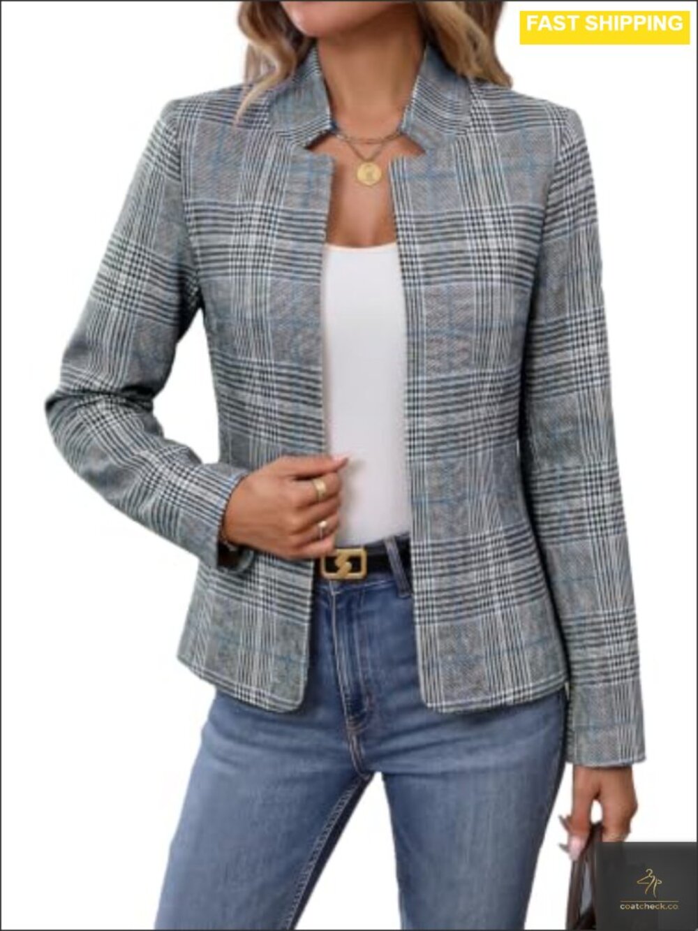 Plaid Tweed Blazer Open Front Business Casual Jacket